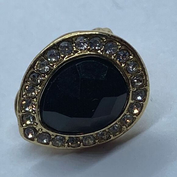 Monet Elegant Vintage Gold Tone Black Rhinestone Clip On Teardrop Earrings - Picture 4 of 4